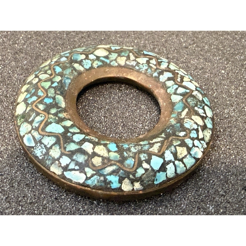 Vintage‎ Brass Mosaic Turquoise Color Inlay Indian Pendant Jewelry 2"